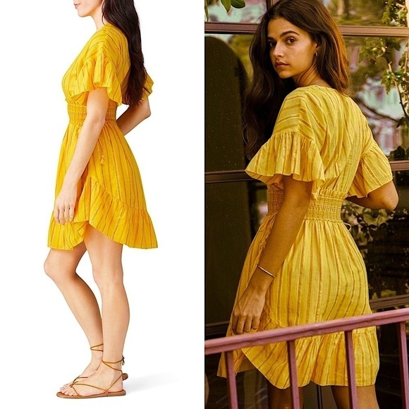 SAYLOR Metallic Stripe Flutter Sleeve V-Neck Smocked Waist Ruffle Hem Dress M - Picture 2 of 8